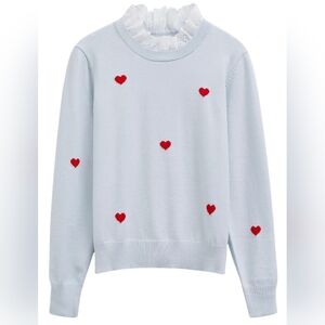 Whimsical NWT $139 Mira Richi Anthropologie Baby Blue Sweater w/Red Hearts, Sz M
